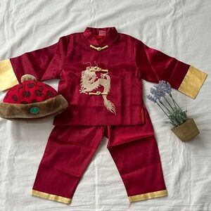 Red Dragon Embroidered Outfit with Hat